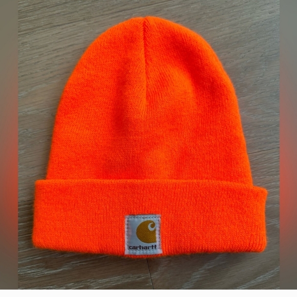 Carhartt Bright Neon Orange Beanie Knit Unisex Cuffed Hat - Picture 3 of 5